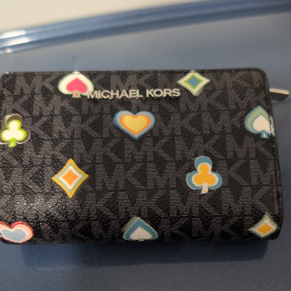Michael Kors Black MK Monogram Wallet with Colorful Suit Motifs